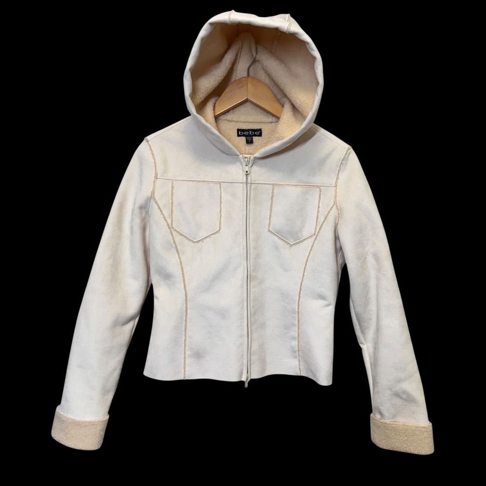 Bebe Y2K Hooded Faux Suede Shearling Jacket M Cream Winter Neutral